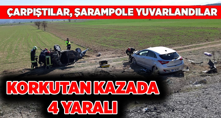 Denizli’de çarpışan iki otomobil şarampole yuvarlandı: 4 yaralı