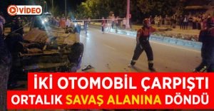 Çarpışan otomobillerden birisi metrelerce takla atarak durabildi