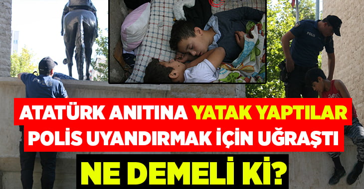 Denizli’de Atatürk anıtının üstünde uyuyan çocukları polis uyandırdı