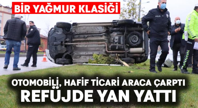 Yağış kaza getirdi.. Refüjde yan yattı