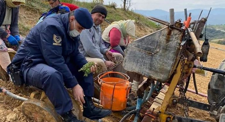 Jandarma yorulan çiftçinin yerine kekik dikimi yaptı