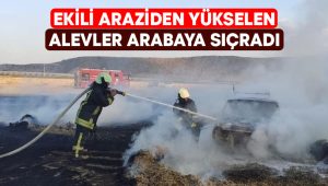 Denizli’de ekili araziden yükselen alevler arabaya sıçradı