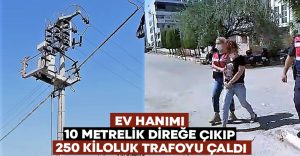 Ev hanımı 10 metrelik direğe çıkıp 250 kiloluk trafoyu çaldı!