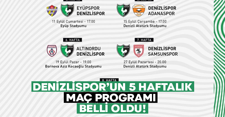 Denizlispor’un 5 haftalık maç programı belli oldu!